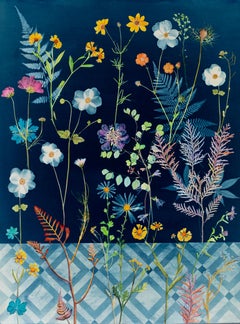 Anemone, Ferns, etc. (Still Life Figurative Painting of Flowers on Indigo Blue)