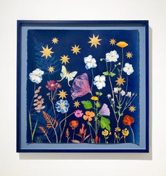 Anemone, Stars, Luna Moth (Still Life Cyanotype Painting of Flowers on Indigo)