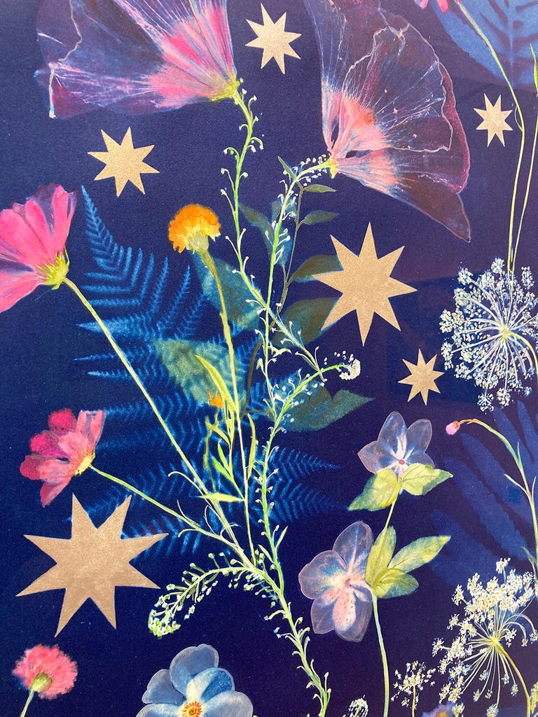 Botanical Stars (Still Life Figurative Painting of Flowers on Indigo Blue)  For Sale 1
