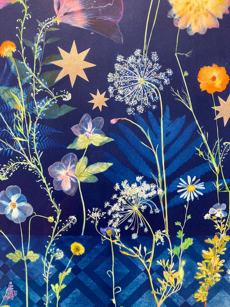 Botanical Stars (Still Life Figurative Painting of Flowers on Indigo Blue)  For Sale 2