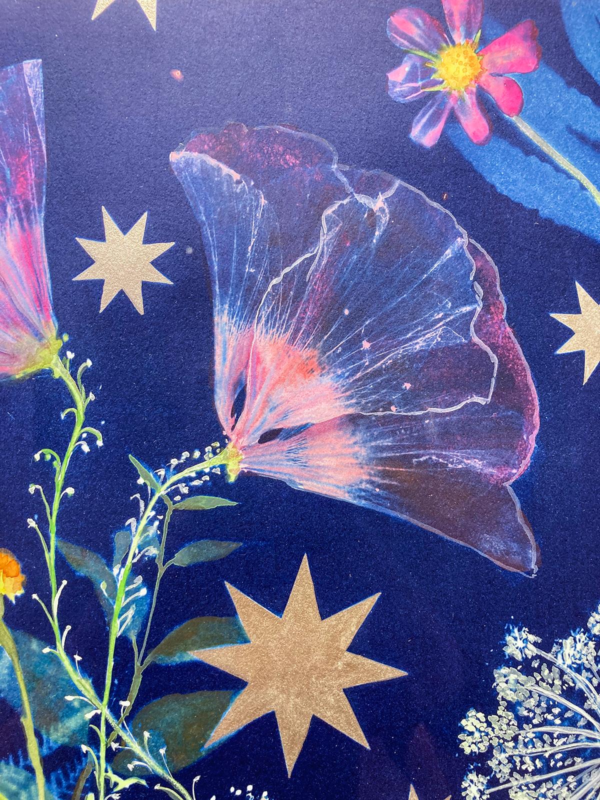 Botanical Stars (Still Life Figurative Painting of Flowers on Indigo Blue)  1