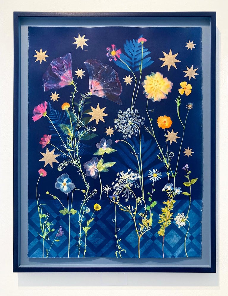 Botanical Stars (Still Life Figurative Painting of Flowers on Indigo Blue)  For Sale 6