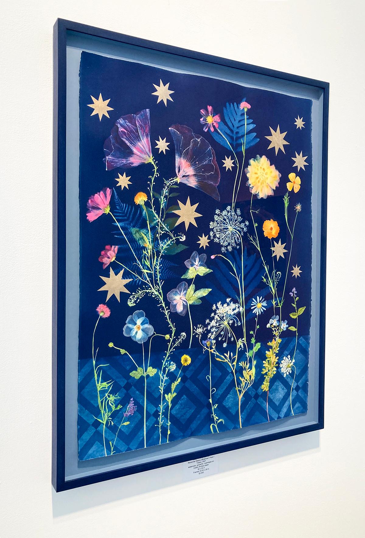 Botanical Stars (Still Life Figurative Painting of Flowers on Indigo Blue)  4