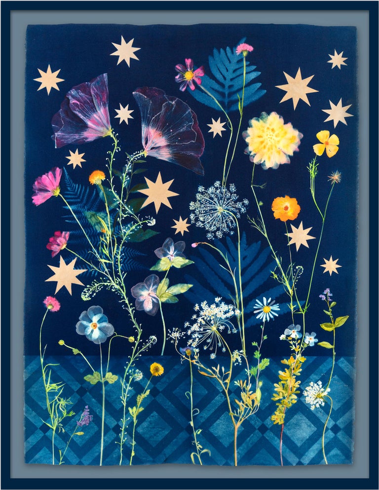 Julia Whitney Barnes Still-Life Painting - Botanical Stars (Still Life Figurative Painting of Flowers on Indigo Blue) 