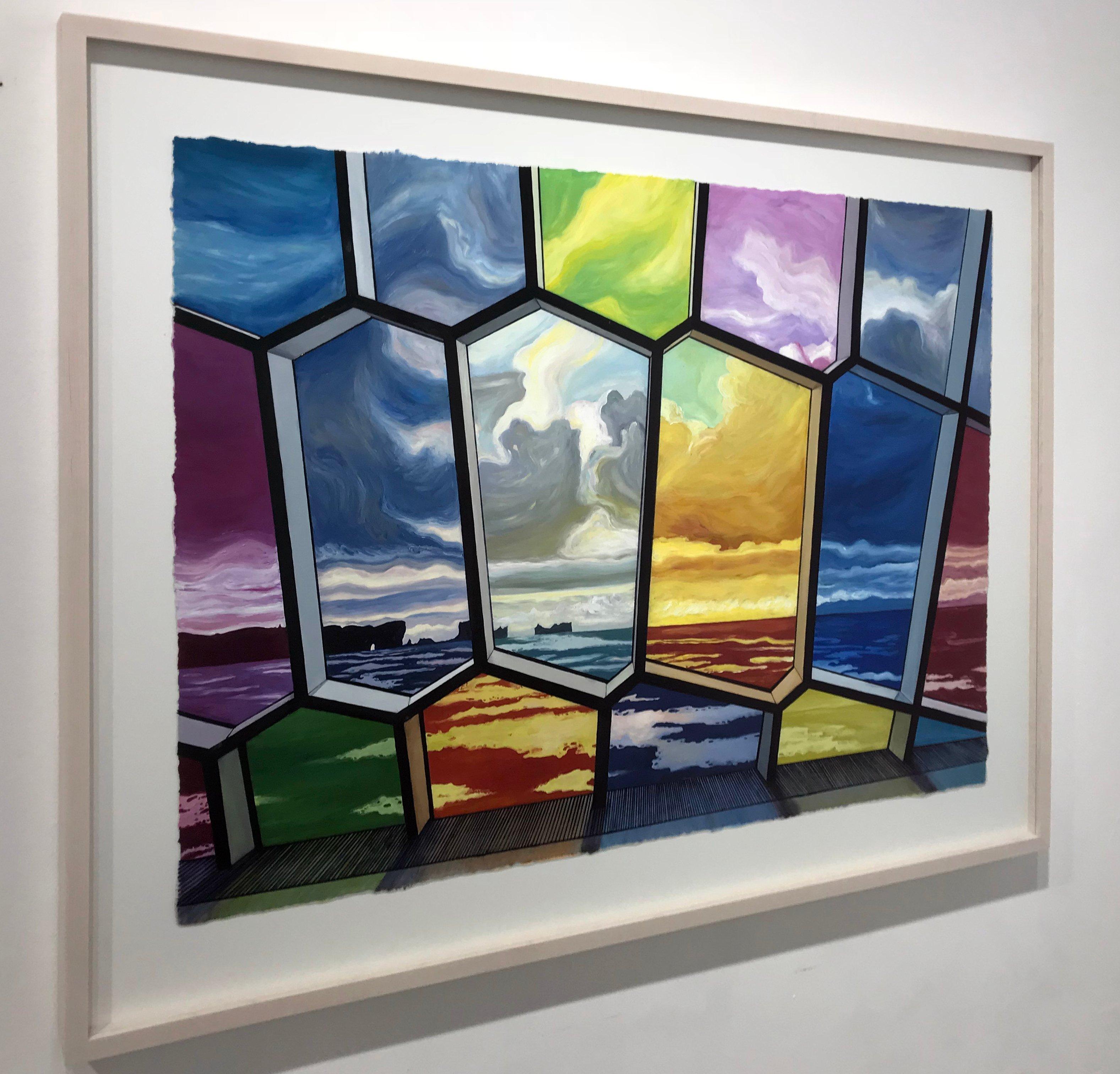ink and oil on mounted Mylar, signed on reverse (framed in hardwood, pickled maple frame with museum glass)

“Bricks and Stones May Break (Iceland/Rainbow Windows)” is based on the windows Olafur Eliasson designed for the Harpa Opera House in