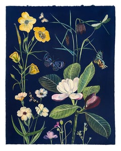 Zyanotyp-Gemälde in Indigo (Magnolien, Butterkrüge, Fritillaria, Schmetterlinge) 