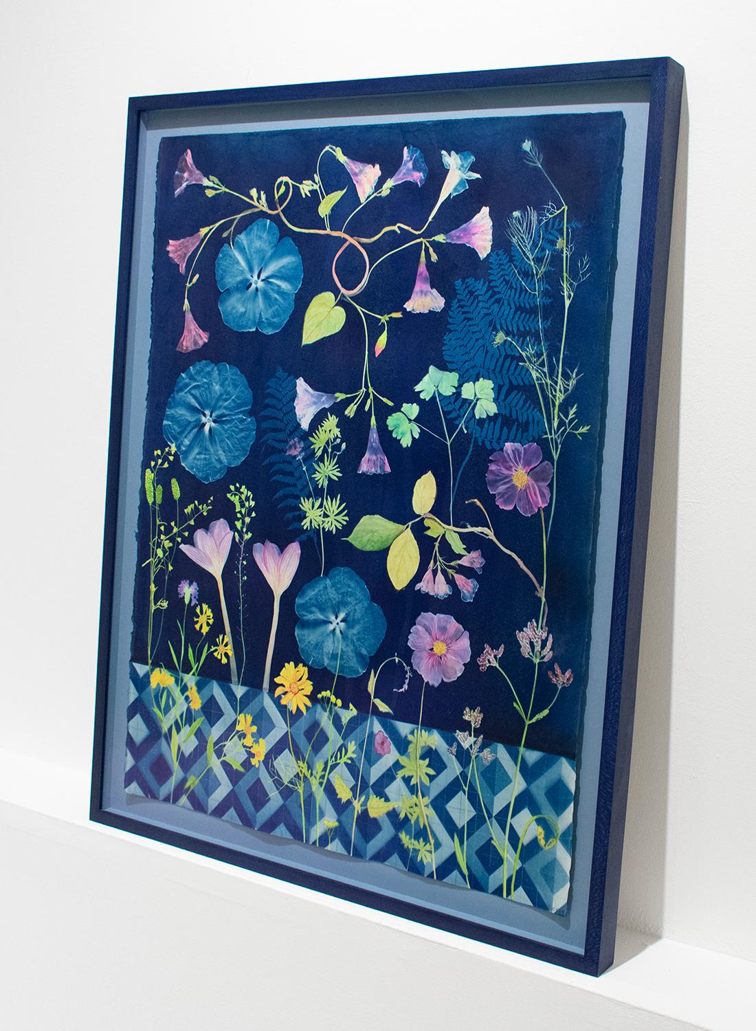 Figurative Still Life painting with morning glories, crocuses, ferns, and geometric floor pattern on an indigo cyanotype background
