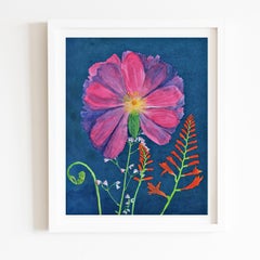 Dark Pink Peony: Still Life Cyanotype Painting of Pink & Red Flowers on Blue