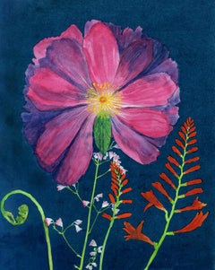 Peinture cyanotype de pivoine rose foncé : nature morte de fleurs roses et rouges sur bleu