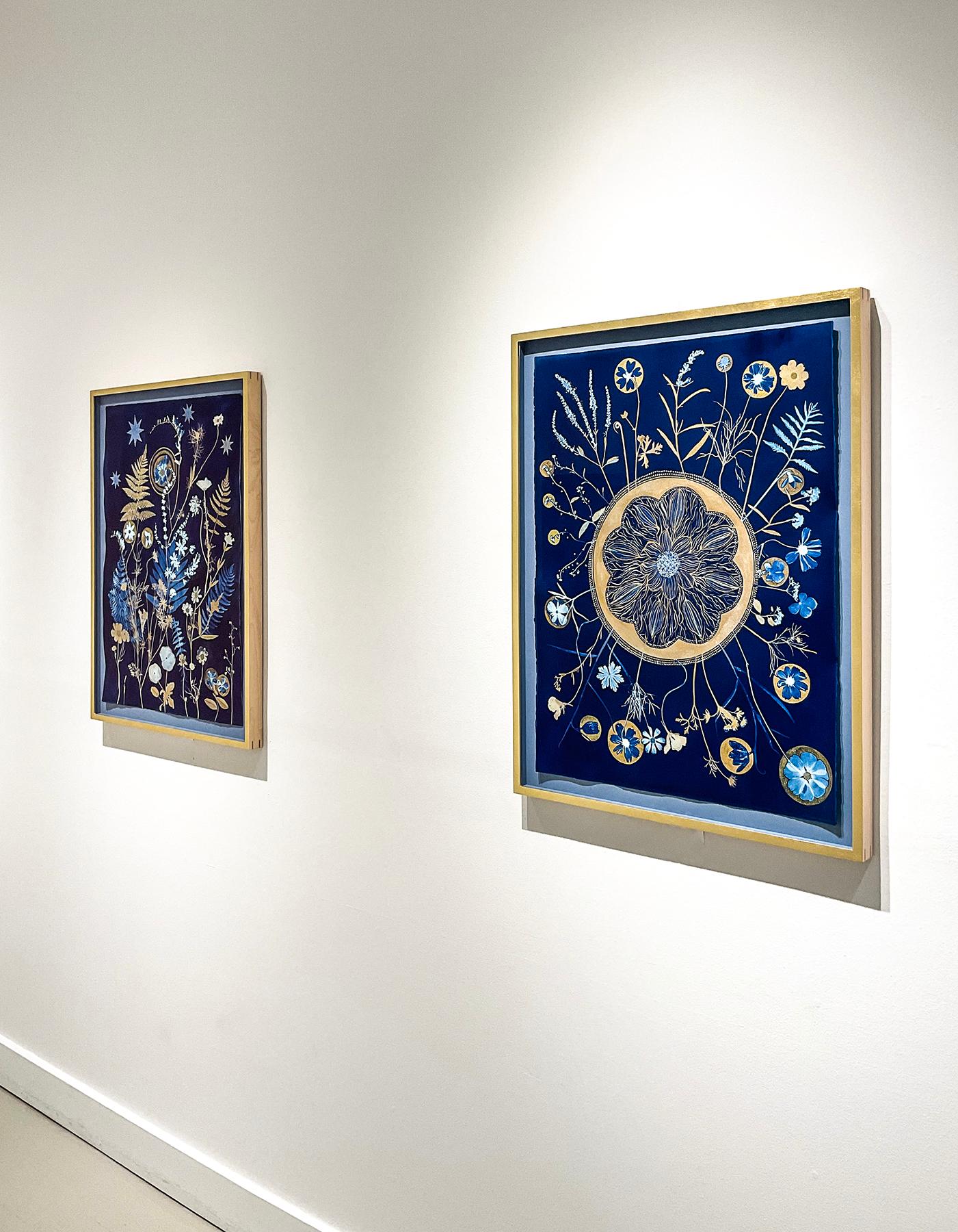 Flora Full Circle (Gold & Indigo Blue Cyanotype of Botanical Mandala, Framed)  For Sale 1