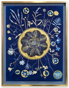 Flora Full Circle (Still Life Painting of Gold Flowers on Indigo Blue) 