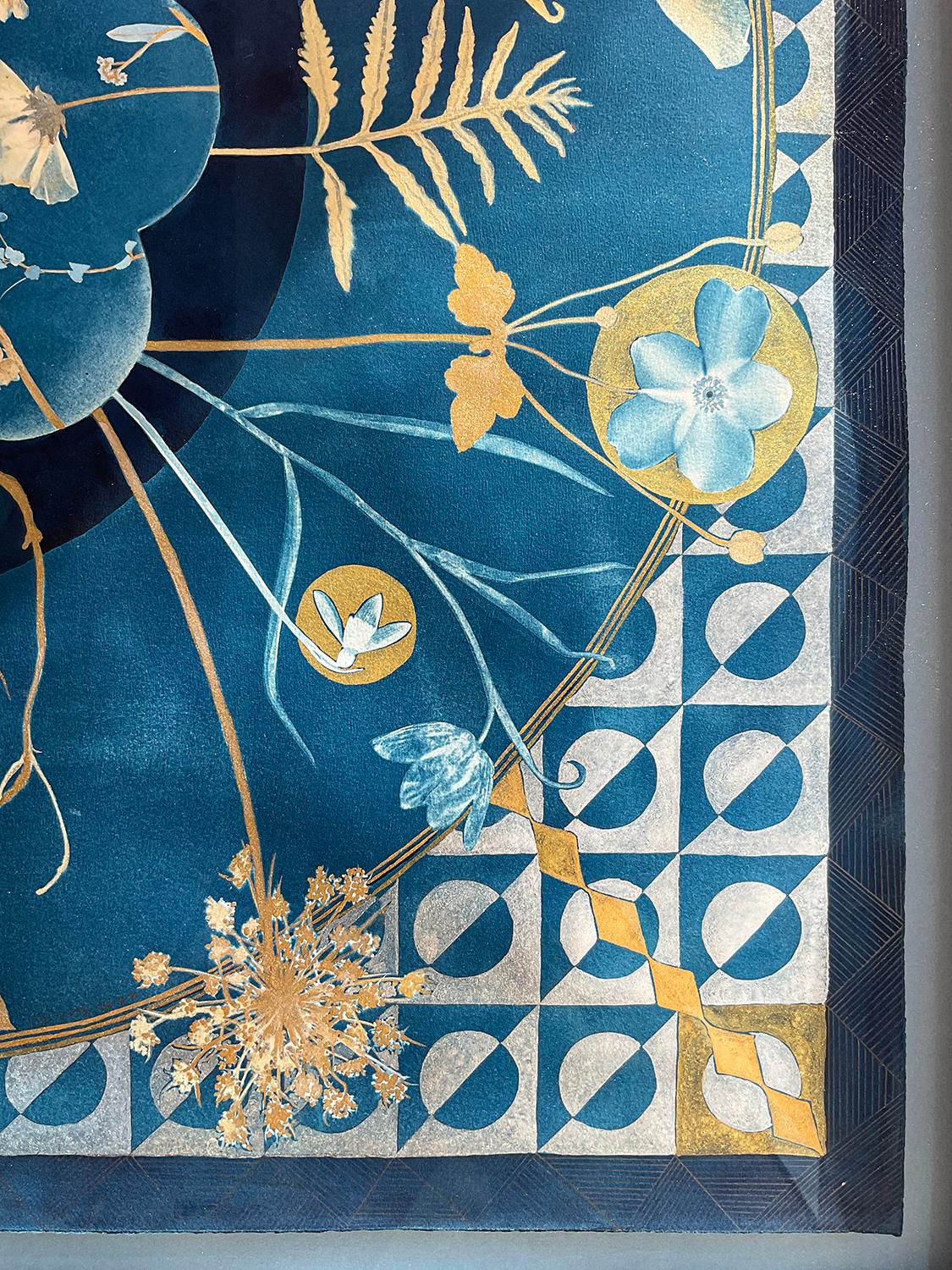 Figurative Still Life painting of blue and gold flowers on an indigo cyanotype and geometric patterned background 
