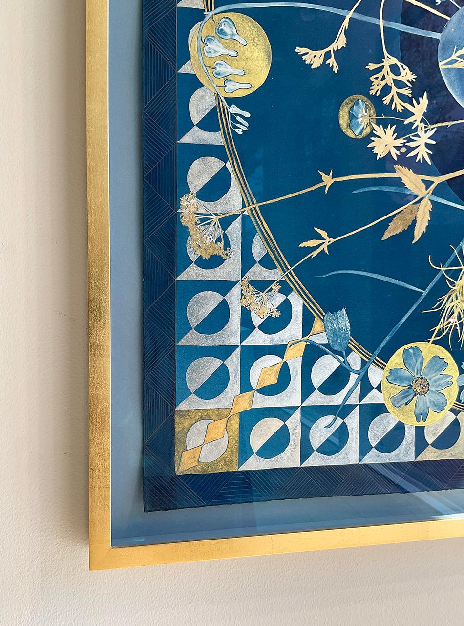 Full Circle Day/Night (Gilded Mandala Cyanotype of Gold Flowers on Indigo Blue)  For Sale 1