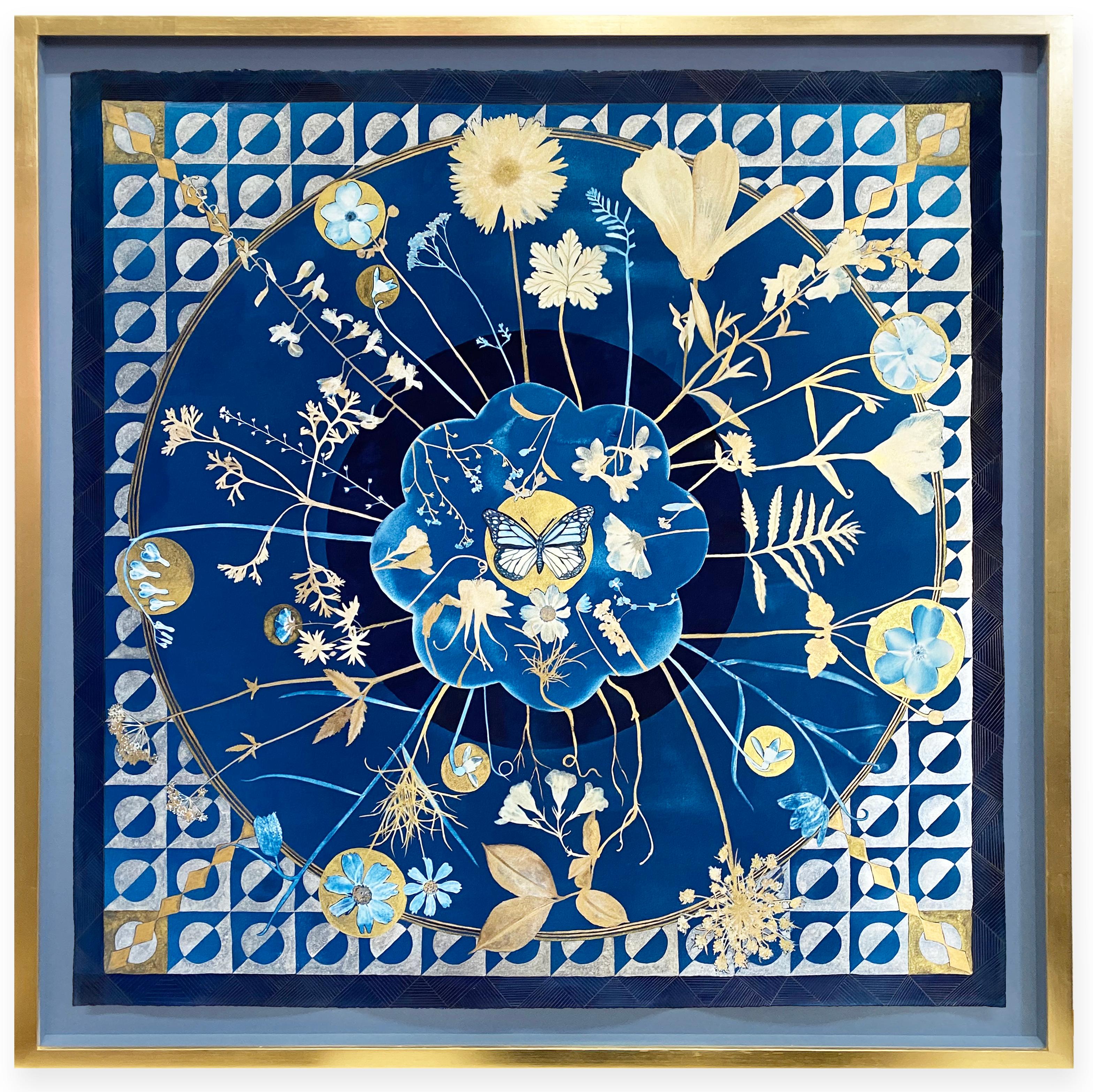 Julia Whitney Barnes Still-Life Painting - Full Circle Day/Night (Gilded Mandala Cyanotype of Gold Flowers on Indigo Blue) 