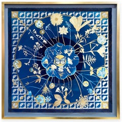 Full Circle Day/Night (Gilded Mandala Cyanotype of Gold Flowers on Indigo Blue) 