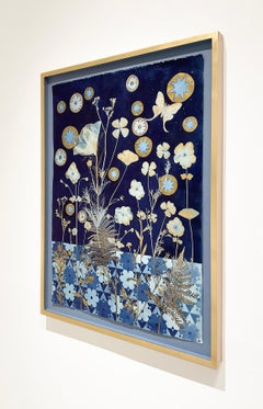 Gold Ferns, Anemones (Still Life Painting of Flowers & Mosaic on Indigo Blue)