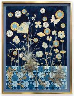 Gold Ferns, Anemones (Still Life Painting of Flowers & Mosaic on Indigo Blue) 