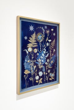 Gold Ferns, Cosmos (Still Life Painting of Gold Flowers on Indigo Blue)