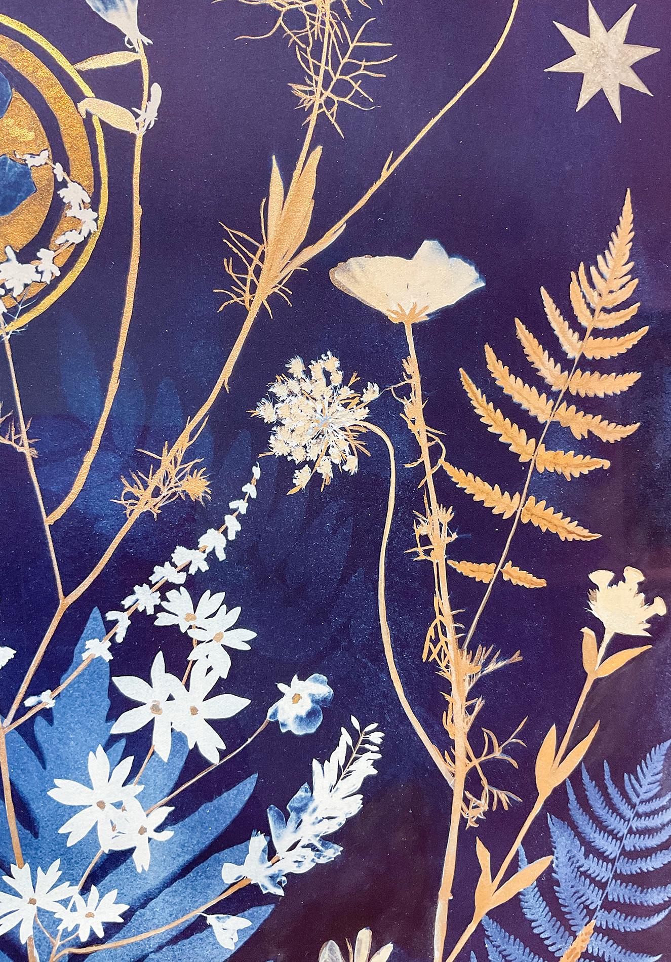 Gold Ferns, Cosmos (Still Life Painting of Gold Flowers on Indigo Blue)  - Purple Figurative Painting by Julia Whitney Barnes