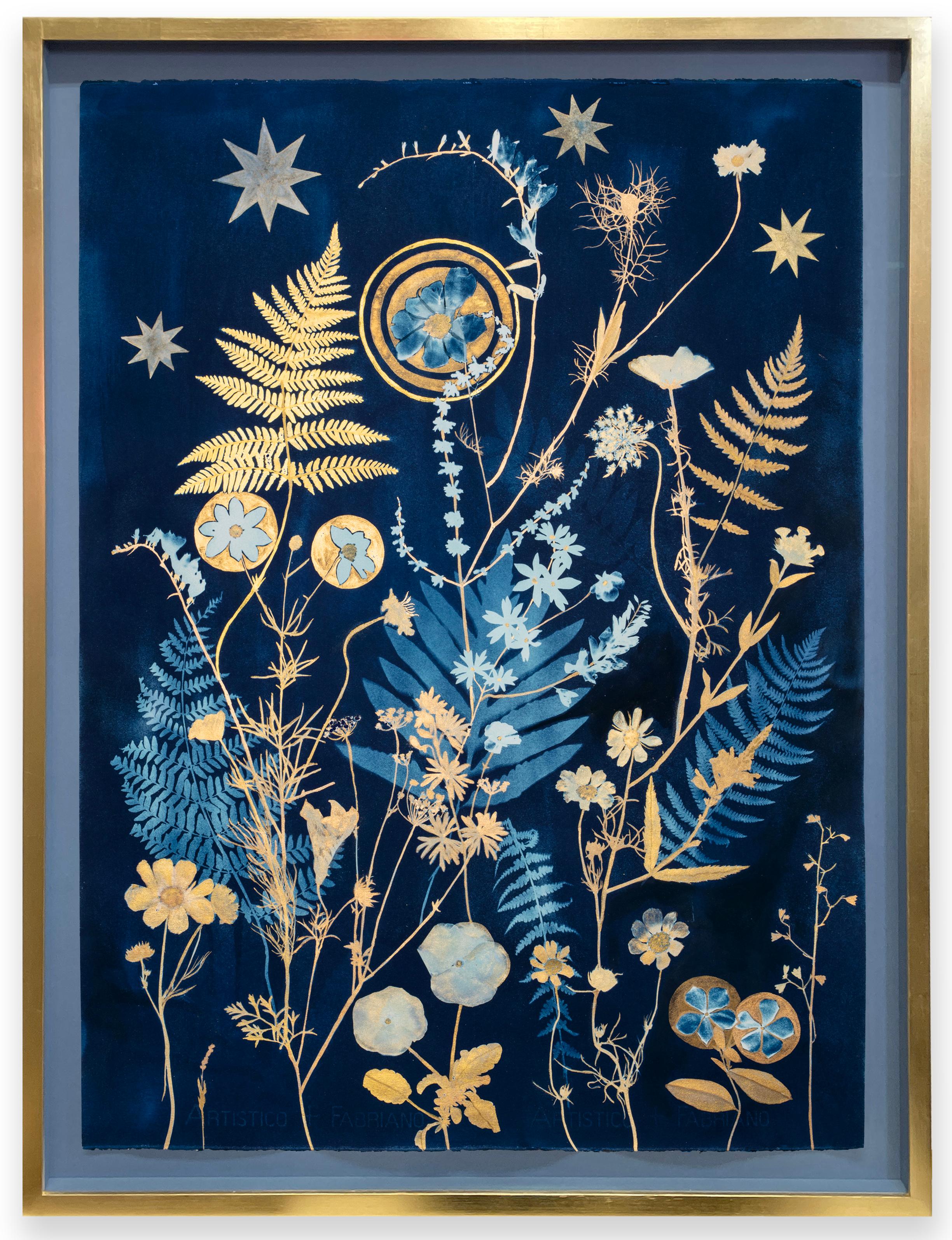 Julia Whitney Barnes Figurative Painting - Gold Ferns, Cosmos (Still Life Painting of Gold Flowers on Indigo Blue) 