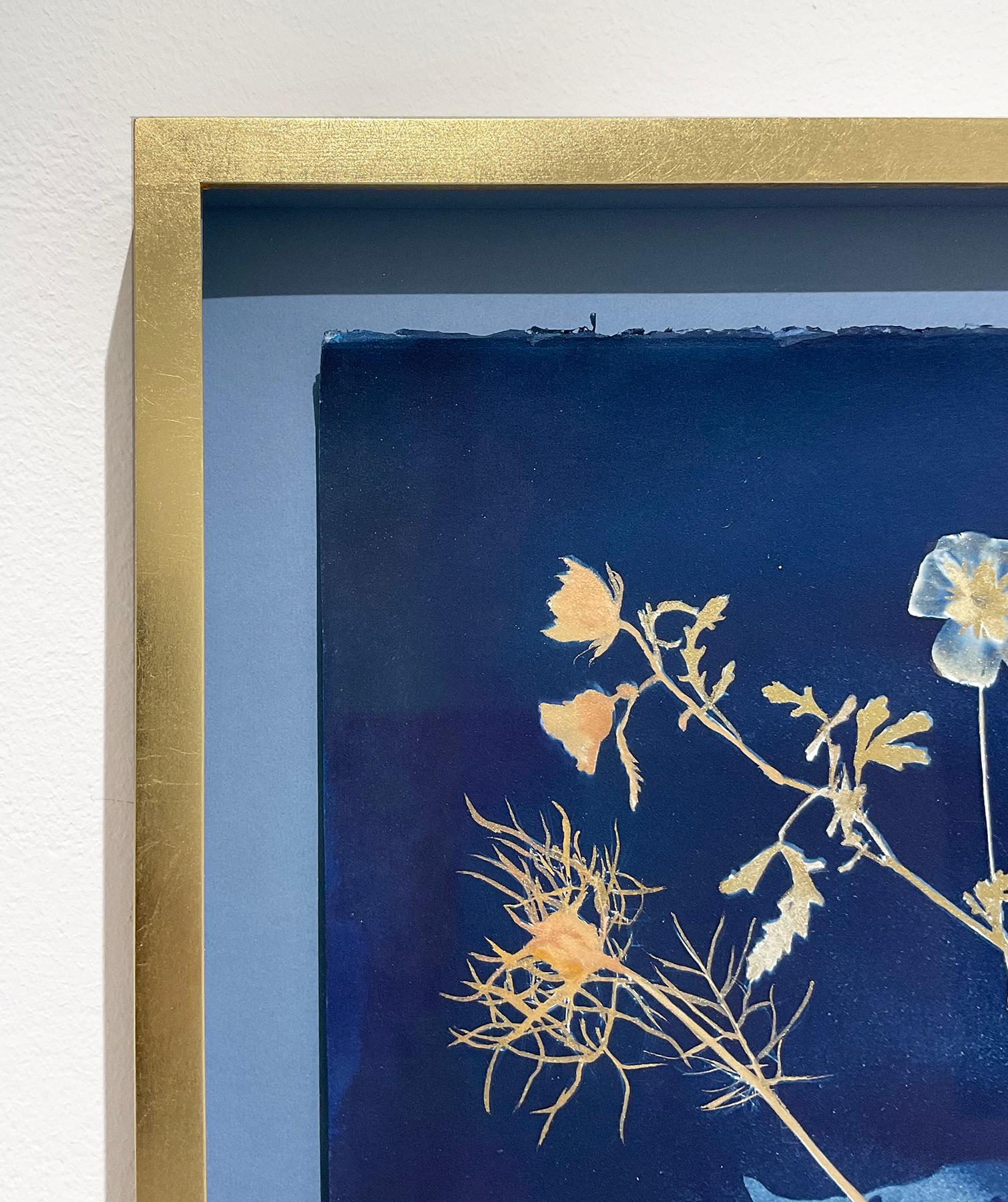 Gold Morning Glories, Etc. (Still Life Painting of Flowers on Indigo Blue)  1