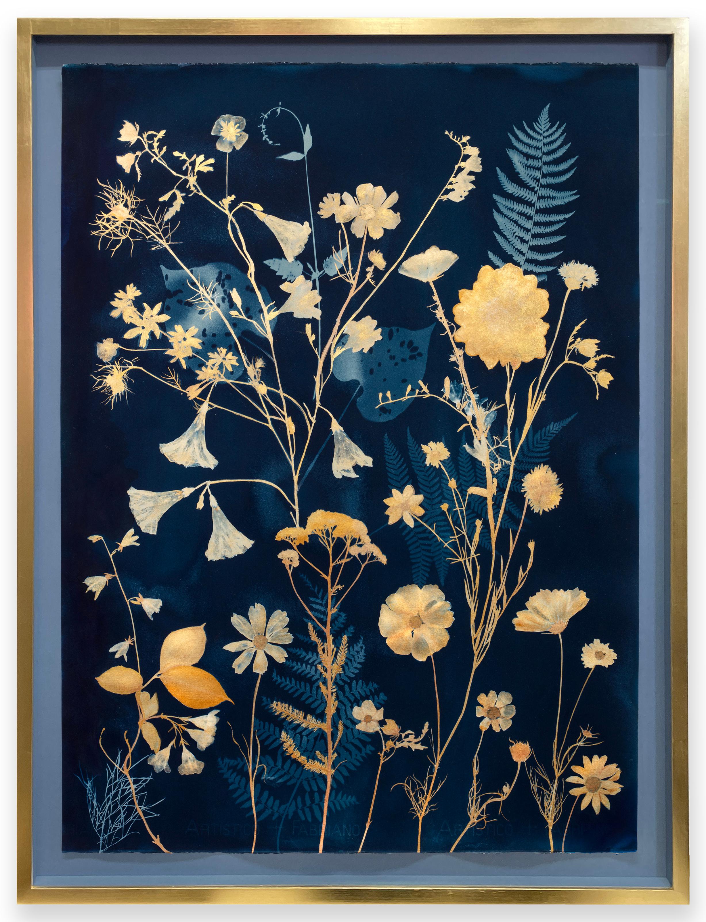 Julia Whitney Barnes Figurative Painting - Gold Morning Glories, Etc. (Still Life Painting of Flowers on Indigo Blue) 