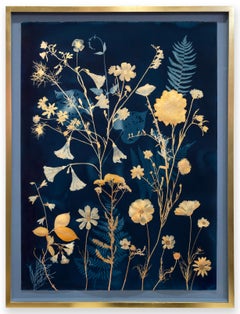 Gold Morning Glories, Etc. (Still Life Painting of Flowers on Indigo Blue) 