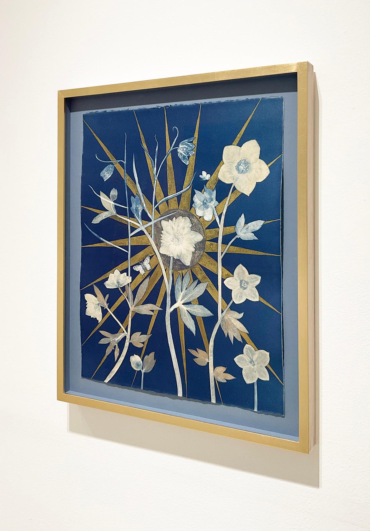 Hellebore, Center Star (Still Life of Golden Sunburst, White Flowers on Indigo) - Painting by Julia Whitney Barnes