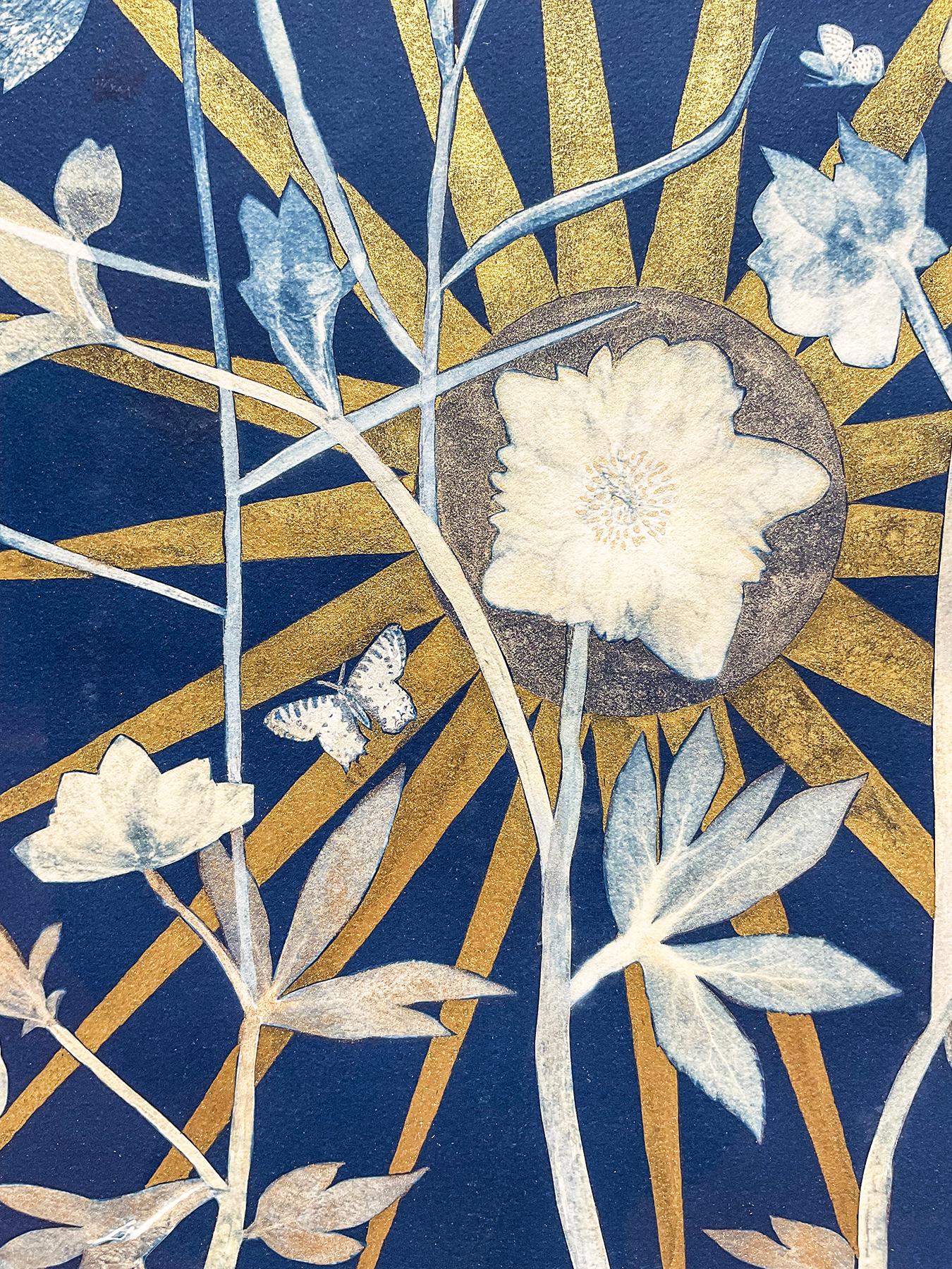 Hellebore, Center Star (Still Life of Golden Sunburst, White Flowers on Indigo) - Blue Figurative Painting by Julia Whitney Barnes