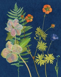 Hellebore, Fern: Still Life Cyanotype Painting of Flowers & Fern on Indigo Blue