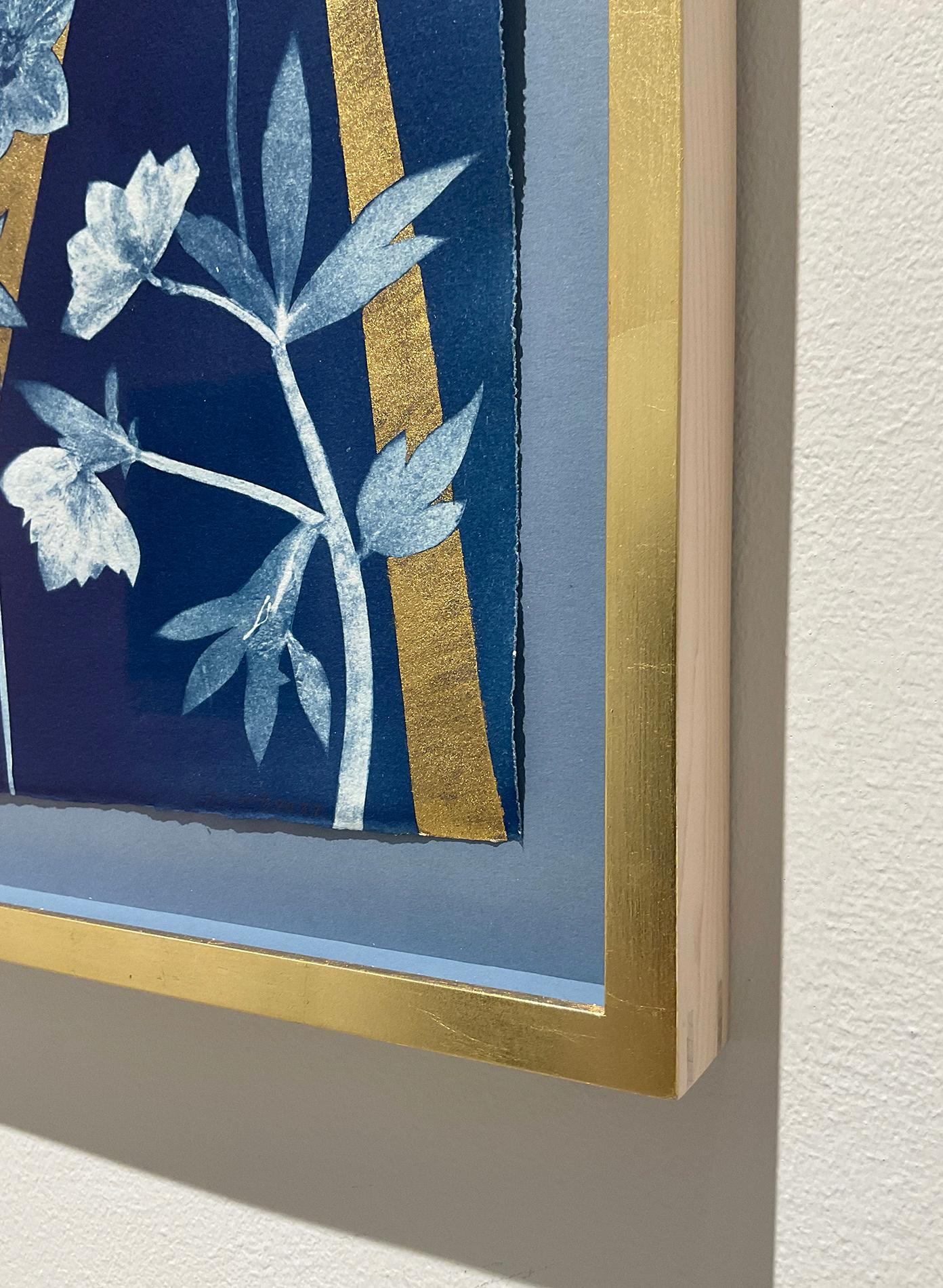 Hellebore, Sun (Botanical Still Life Painting of Flowers & Gold Sun on Indigo)  - Blue Figurative Painting by Julia Whitney Barnes