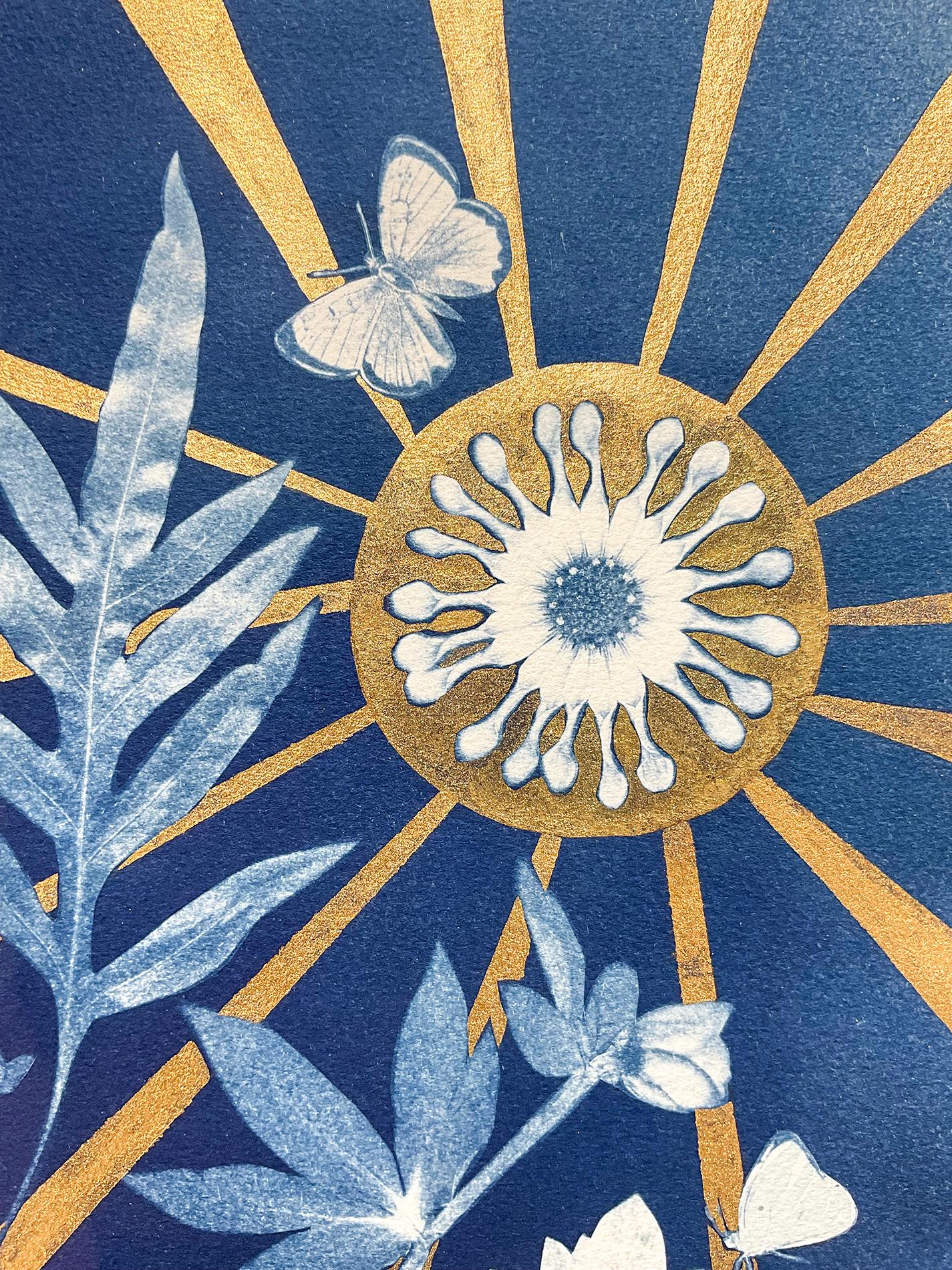 Hellebore, Sun (Botanical Still Life Painting of Flowers & Gold Sun on Indigo)  1