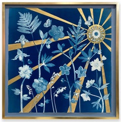 Hellebore, Sun (Still Life Painting of Pale Blue Flowers & Gold Sun on Indigo) 