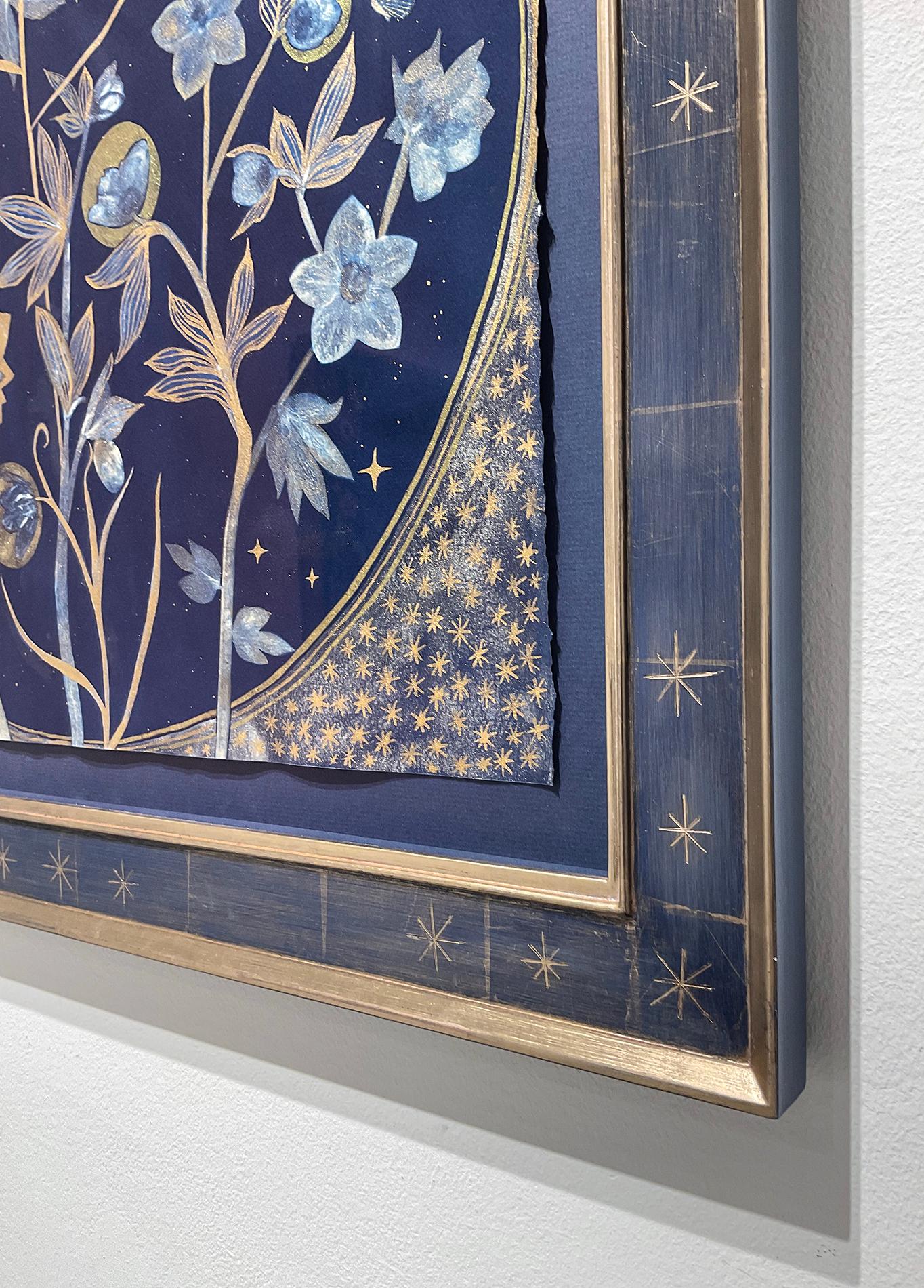 Figurative Still Life painting of gold and pale blue flowers and butterflies on an indigo cyanotype background 
