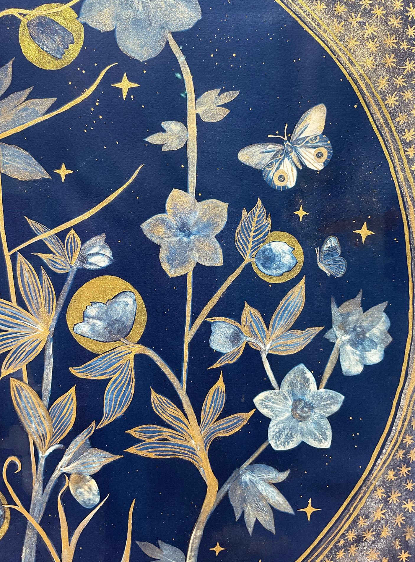 Hellebore, Tondo (Still Life Painting of Gold Flowers on Indigo Blue)  2
