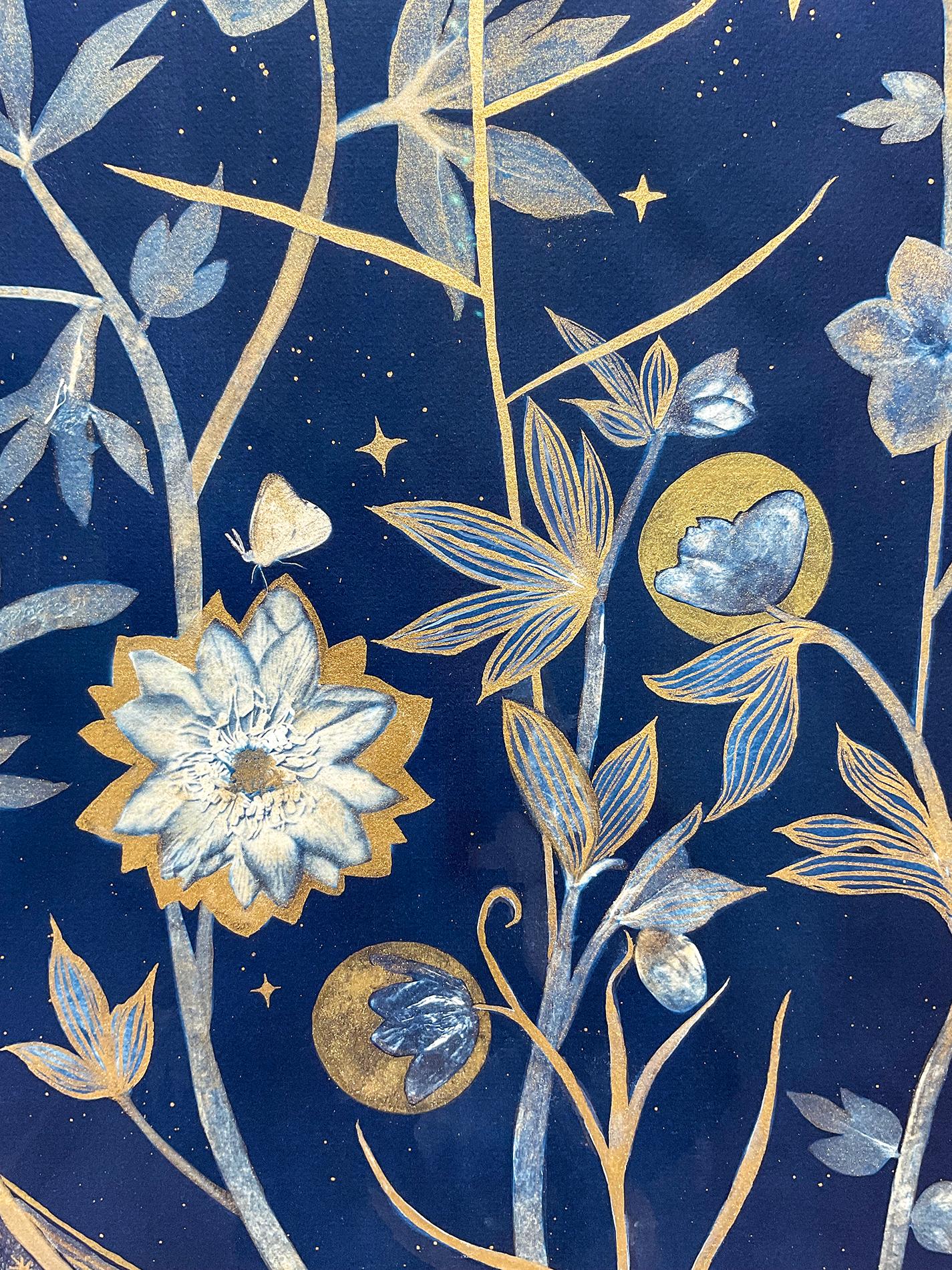 Hellebore, Tondo (Still Life Painting of Gold Flowers on Indigo Blue)  4