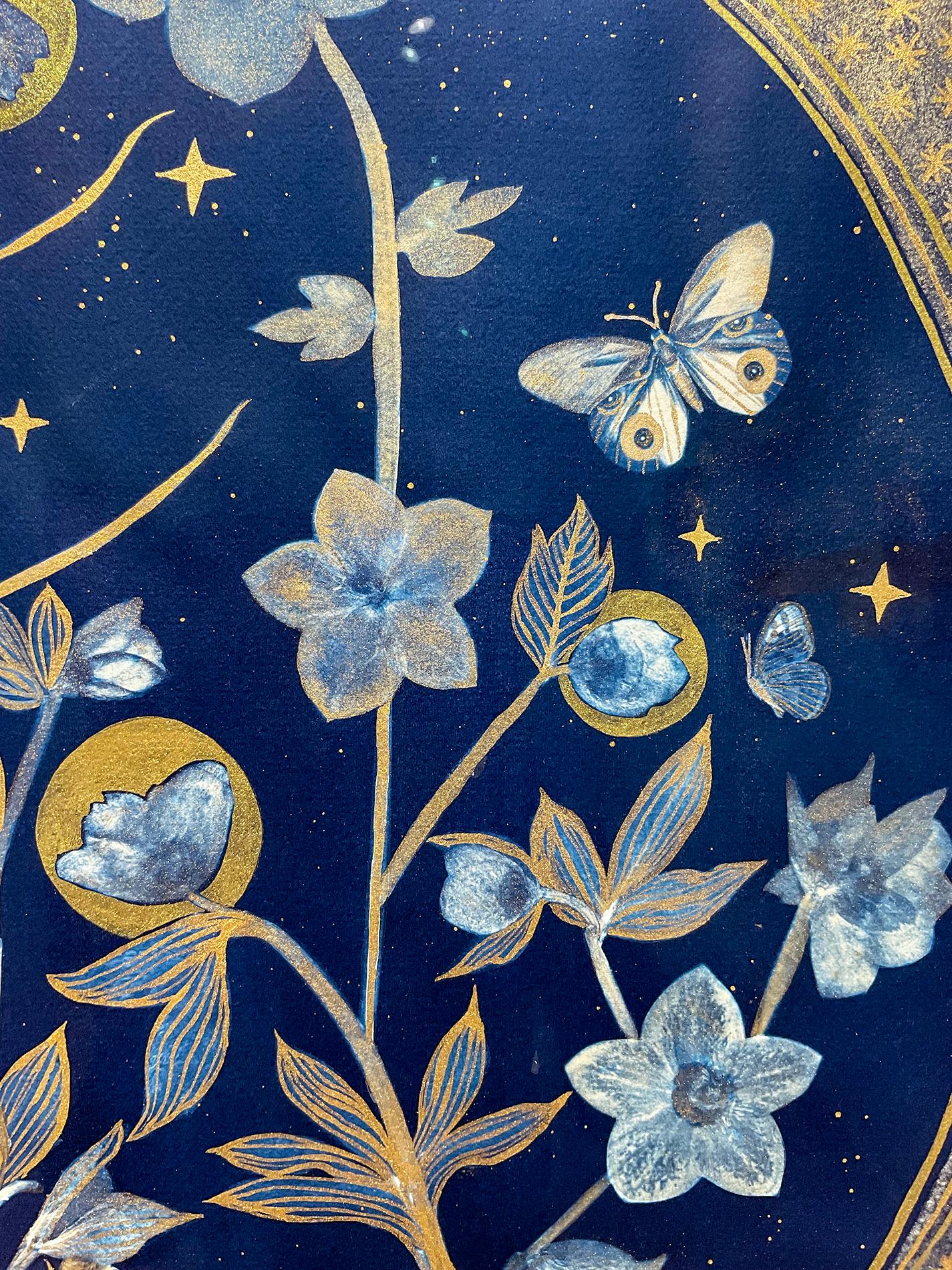 Hellebore, Tondo (Still Life Painting of Gold Flowers on Indigo Blue)  5