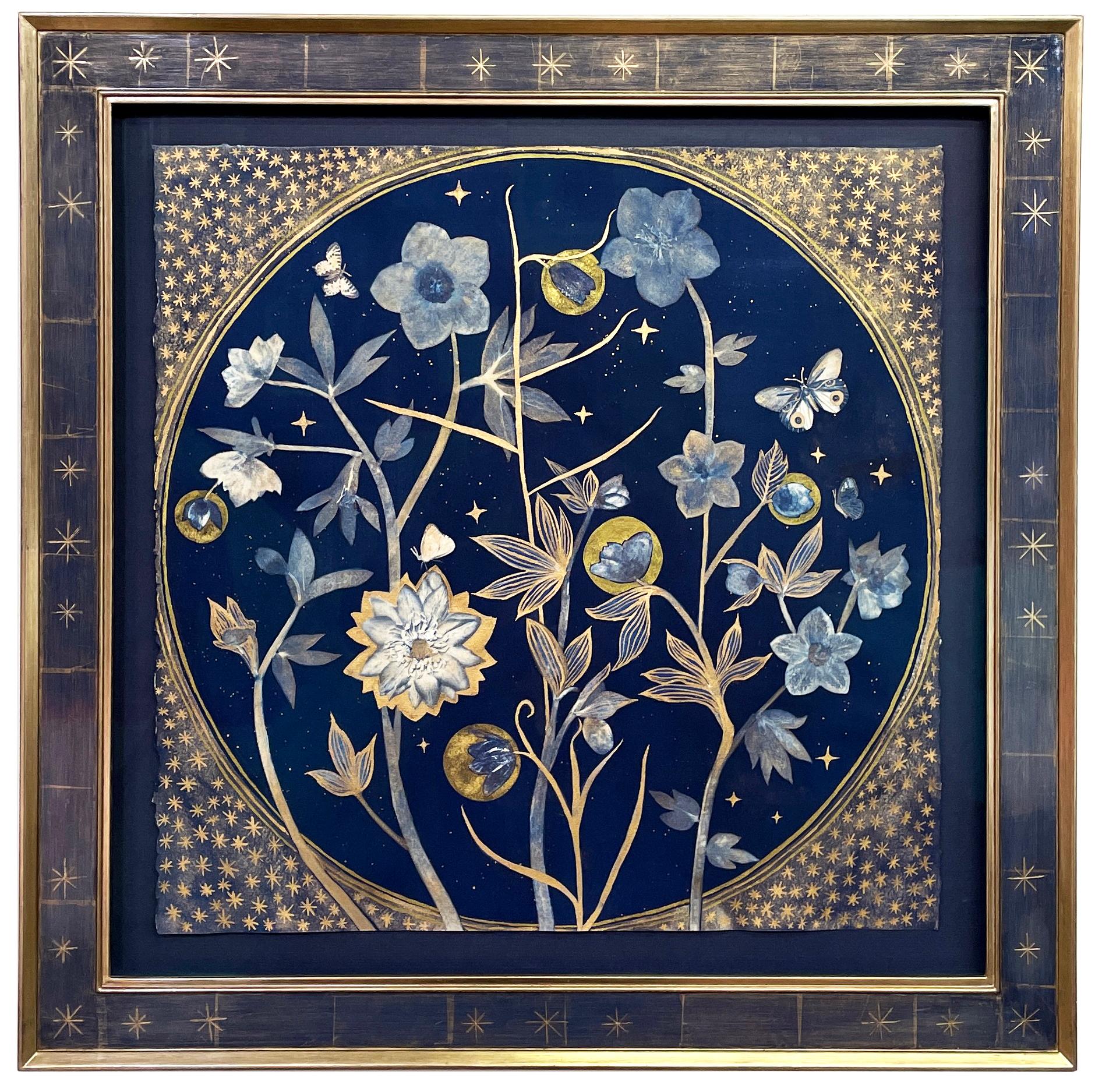Julia Whitney Barnes Figurative Painting - Hellebore, Tondo (Still Life Painting of Gold Flowers on Indigo Blue) 