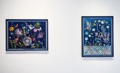 Hibiscus, Ferns, Moths (Still Life Cyanotype Painting of Flowers on Indigo Blue)