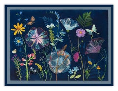 Hibiscus, Ferns, Moths (Still Life Cyanotype Painting of Flowers on Indigo Blue)