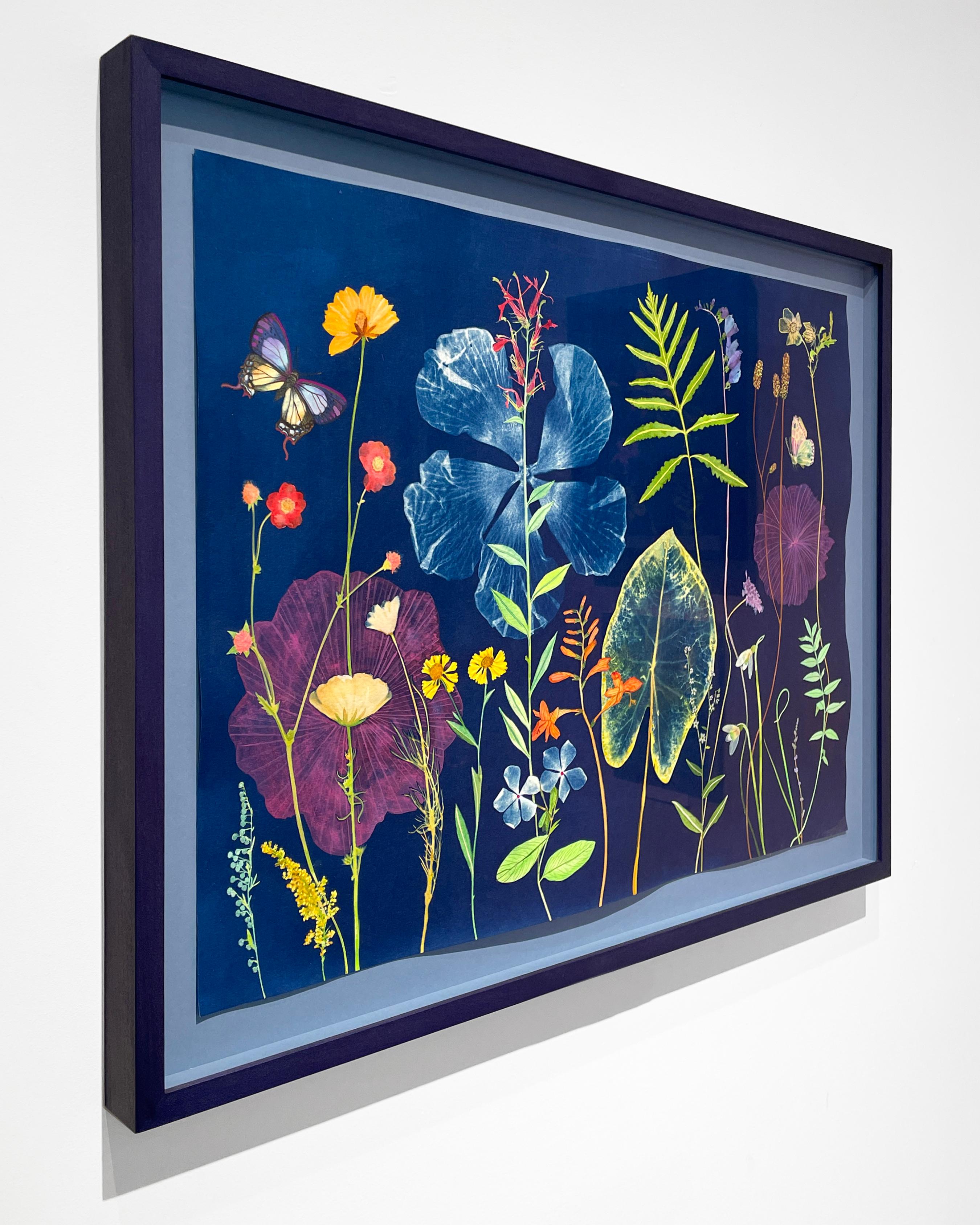 Nocturnal Nature (Gemalte Stillleben-Zyanotypie einer bunten Blume auf Indigo) (Zeitgenössisch), Photograph, von Julia Whitney Barnes
