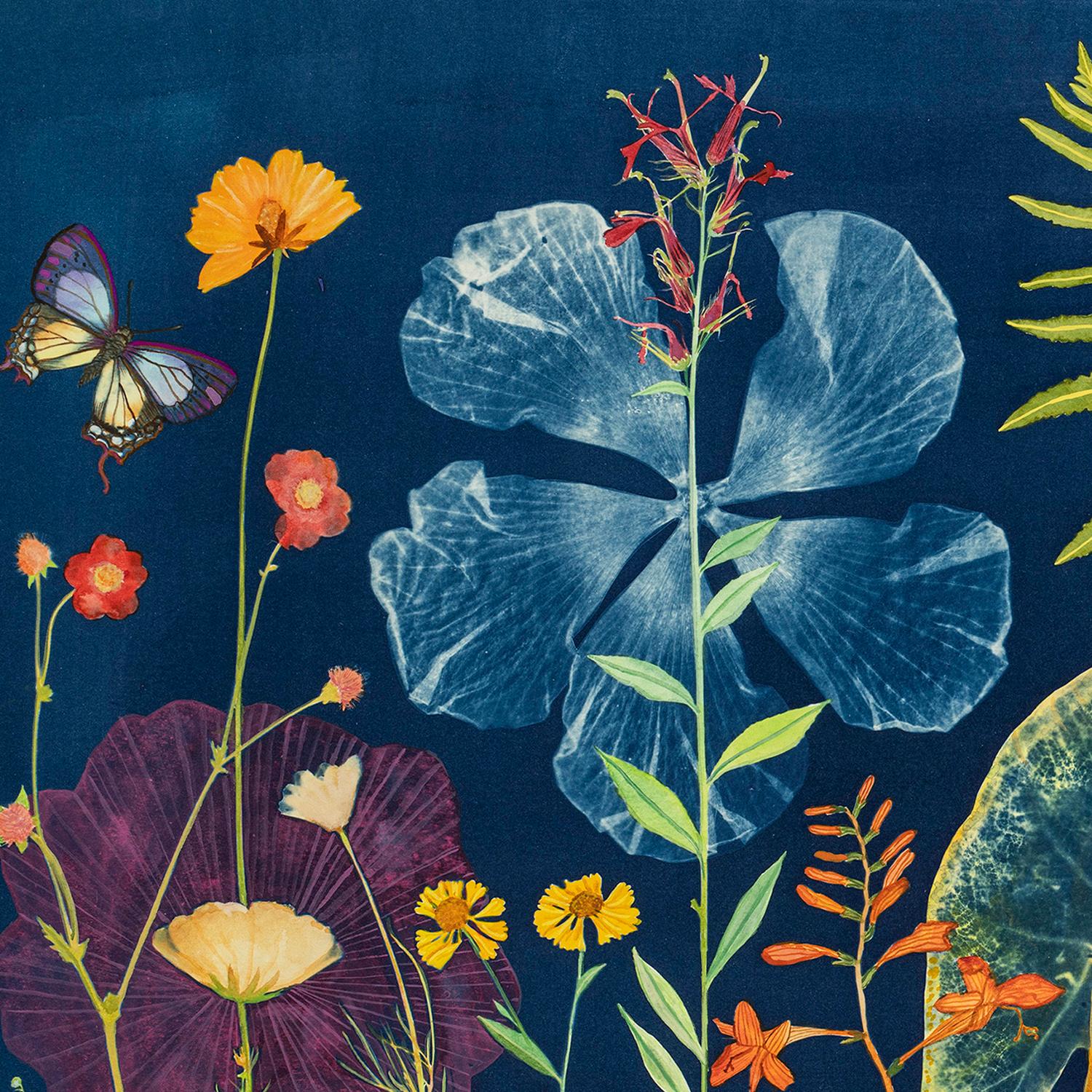 Nocturnal Nature (Gemalte Stillleben-Zyanotypie einer bunten Blume auf Indigo) (Blau), Still-Life Photograph, von Julia Whitney Barnes
