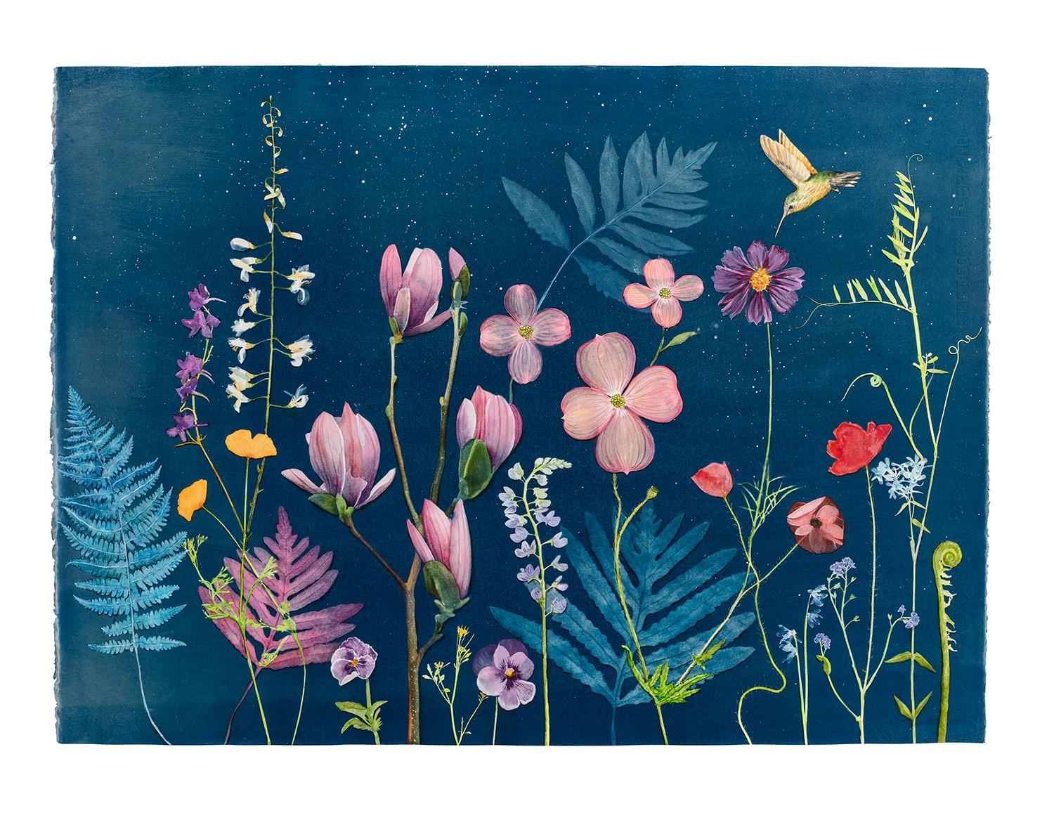 Nocturnal Nature (Still Life Cyanotype Painting of Pink Flowers on Blue, Framed) - Contemporary Mixed Media Art by Julia Whitney Barnes