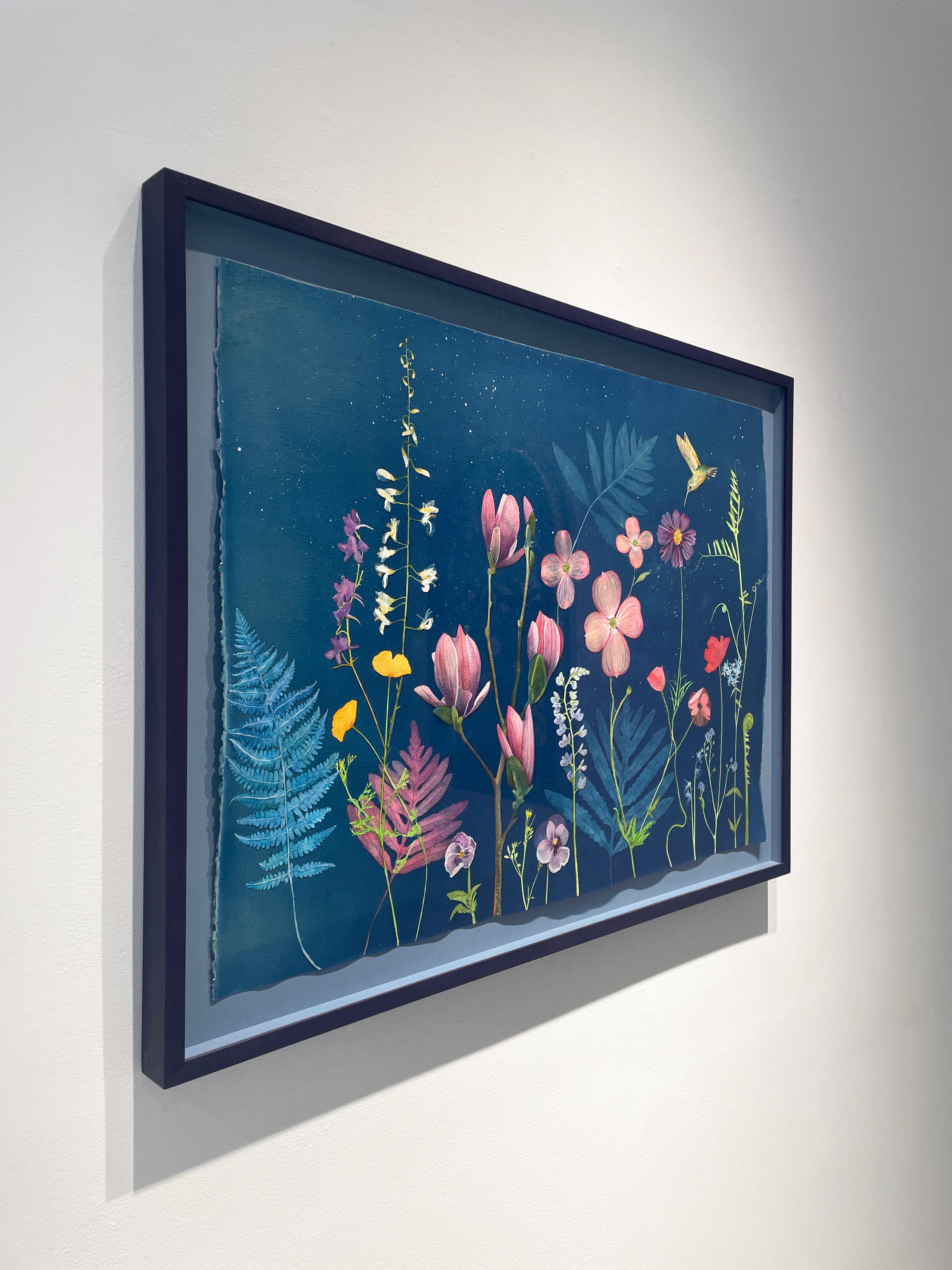 Realistic still life painting of colorful flowers and hummingbird on dark blue
Hand-painted cyanotype by Julia Whitney Barnes
