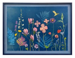 Nocturnal Nature (Still Life Cyanotype Painting of Pink Flowers on Blue, Framed)