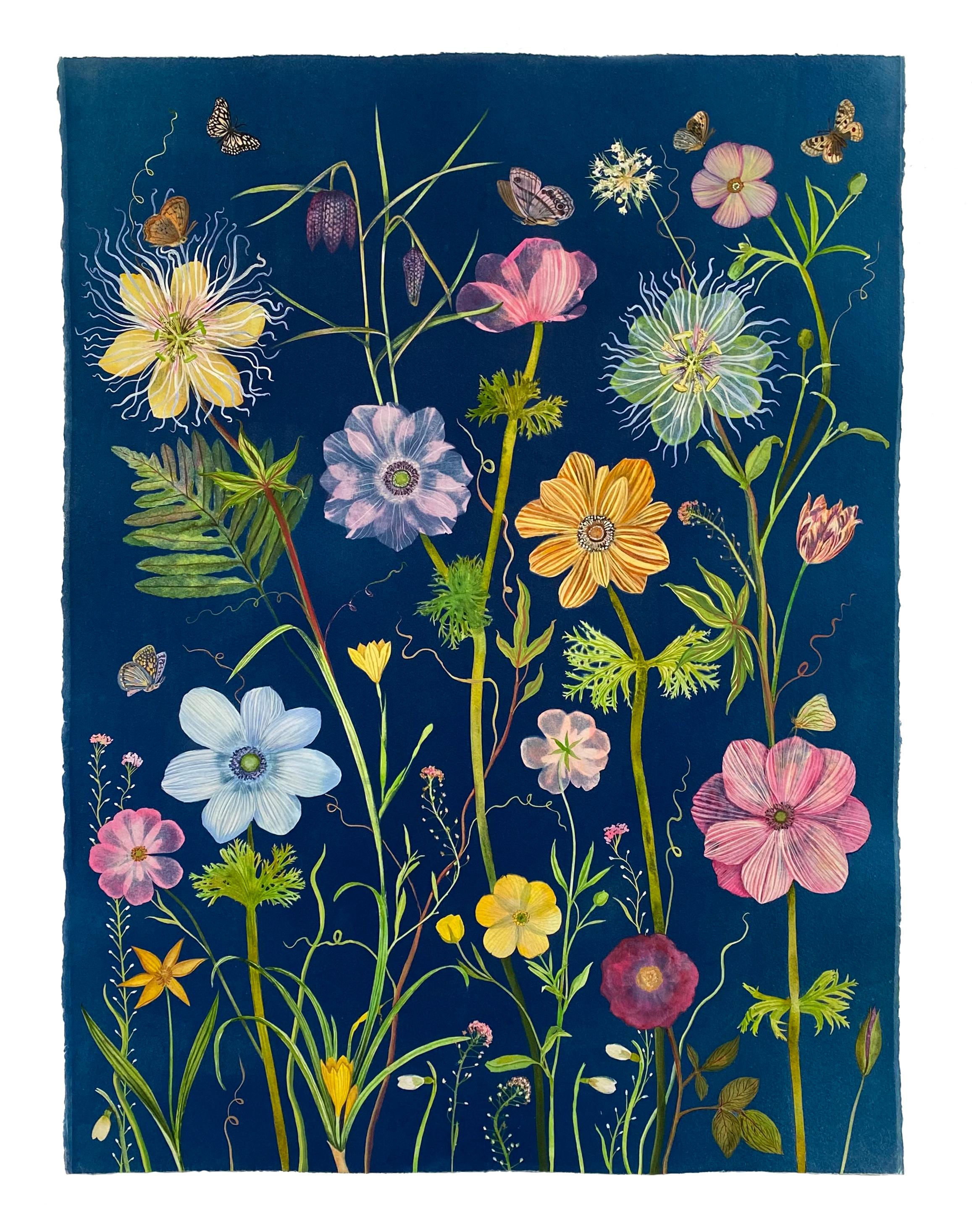 Realistic still life painting of pastel colored flowers on dark blue
Hand-painted cyanotype by Julia Whitney Barnes
