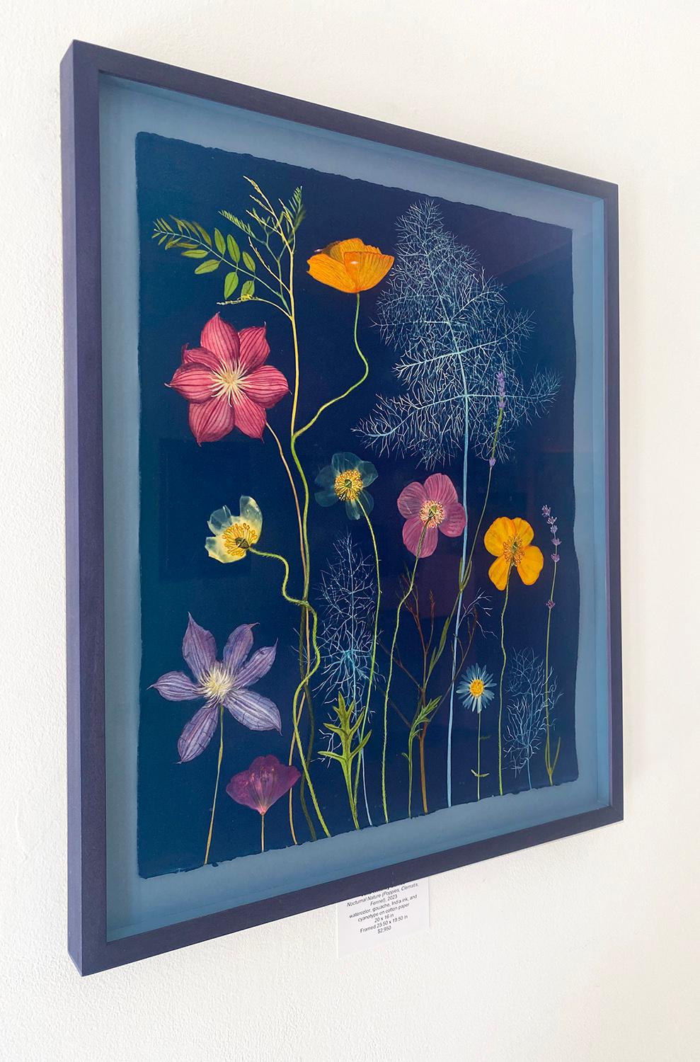 Nocturnal Nature (Stillleben-Gemälde mit bunten Blumen auf Indigoblau) – Painting von Julia Whitney Barnes