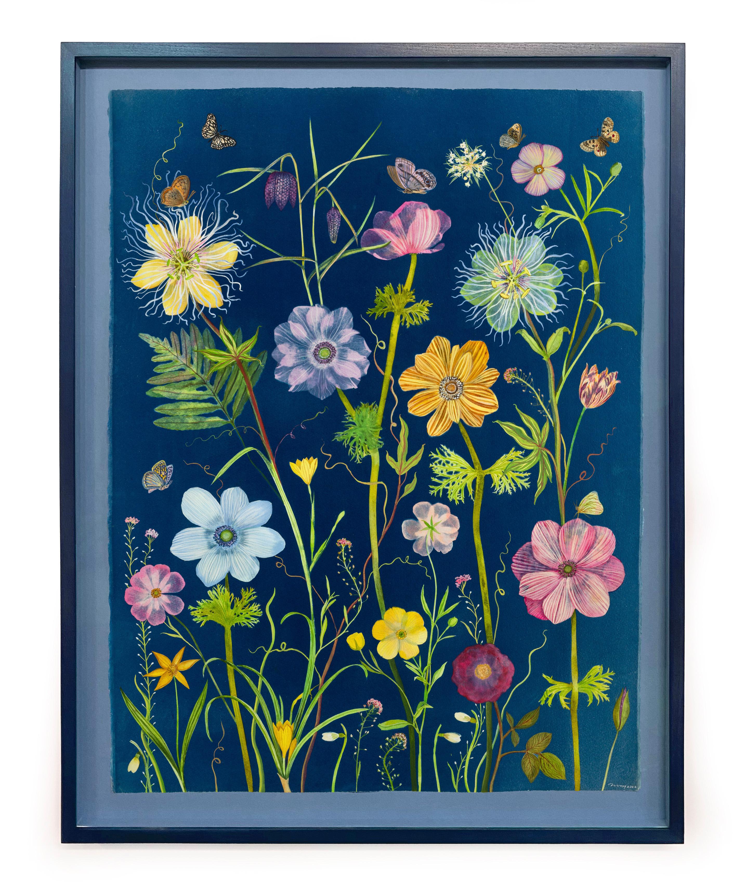 Nocturnal Nature (Still Life Painting of Colorful Flowers on Indigo Blue)