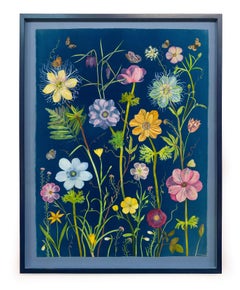 Nocturnal Nature (Still Life Painting of Colorful Flowers on Indigo Blue)
