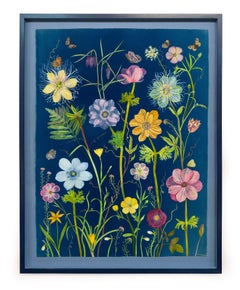 Nocturnal Nature (Stillleben-Gemälde mit bunten Blumen auf Indigoblau)